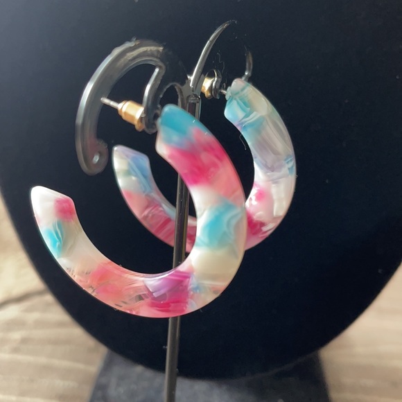Pink/White/Aqua/Purple Watercolor Epoxy Earrings - Picture 3 of 7
